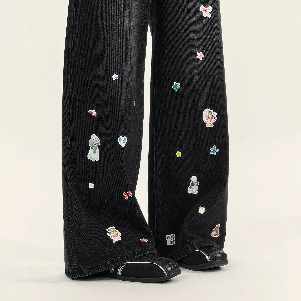 カートゥーンプリント ストレートデニムパンツ