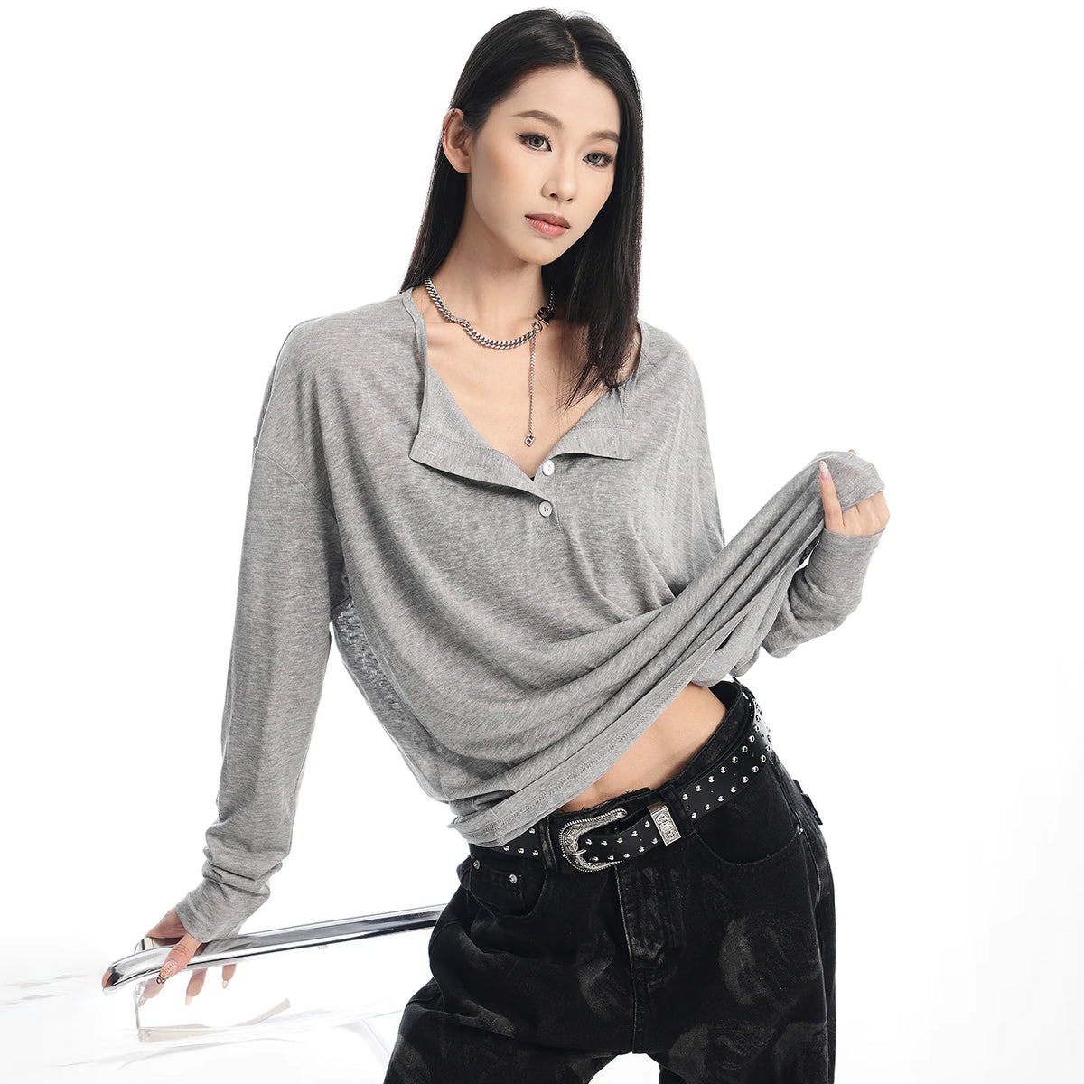 UV対策ボタンデザイン長袖Tシャツ