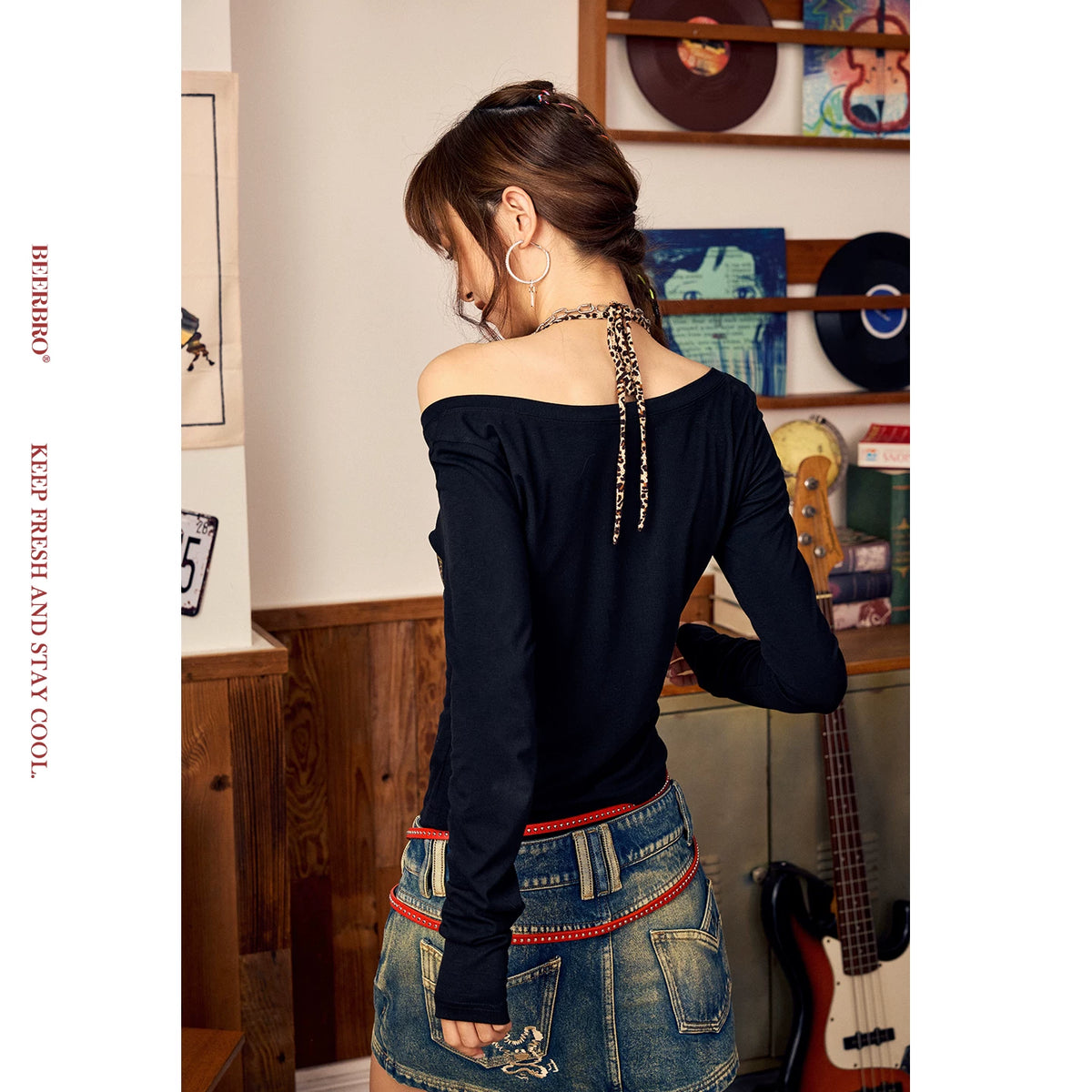 レオパード柄カップ付きレイヤード長袖Tシャツ