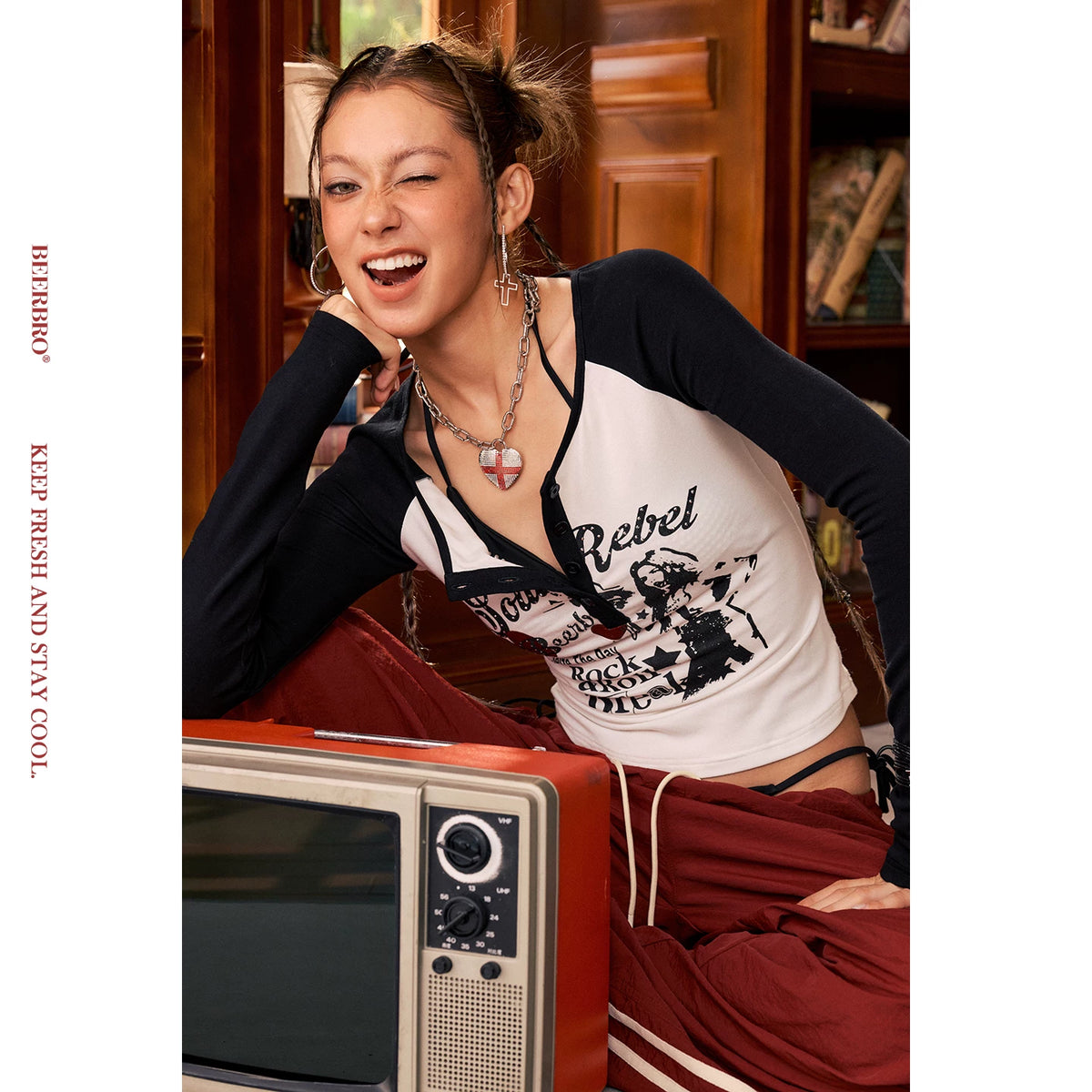配色ラグランスリーブタイト長袖Tシャツ