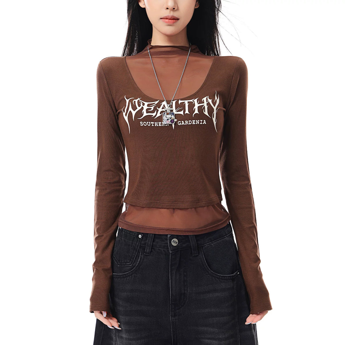 メッシュ切替プリント長袖Tシャツ