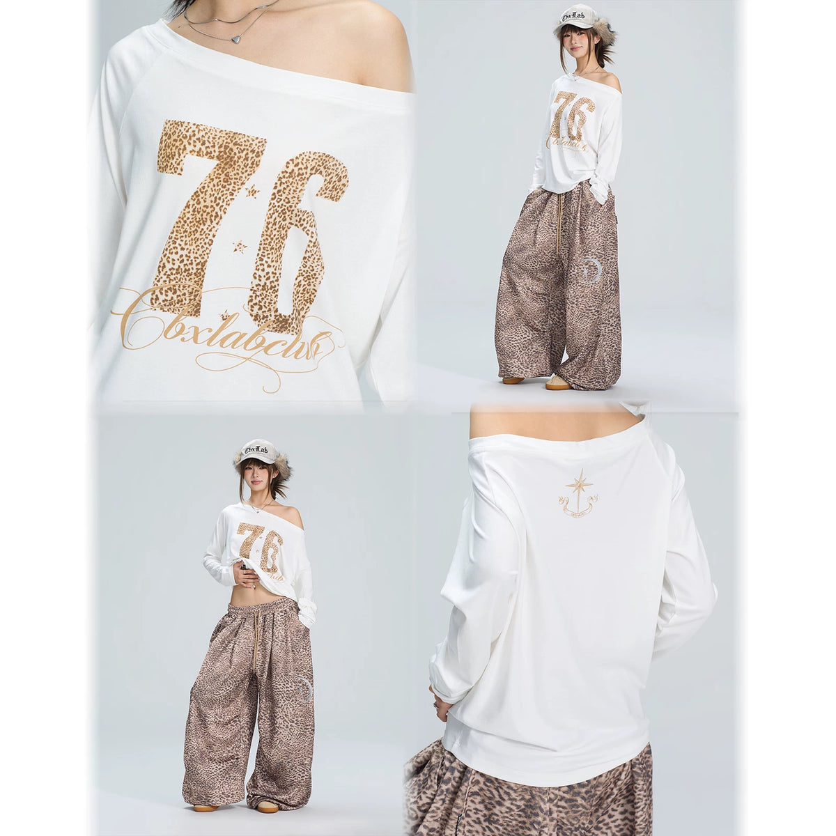 斜めオフショルダートップス×レオパード ワイドパンツ