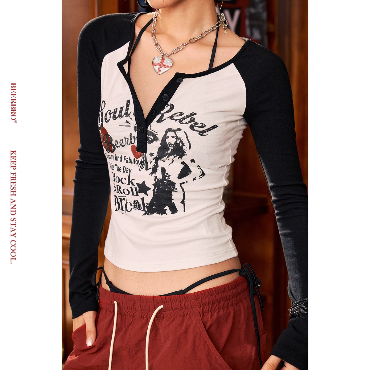 配色ラグランスリーブタイト長袖Tシャツ