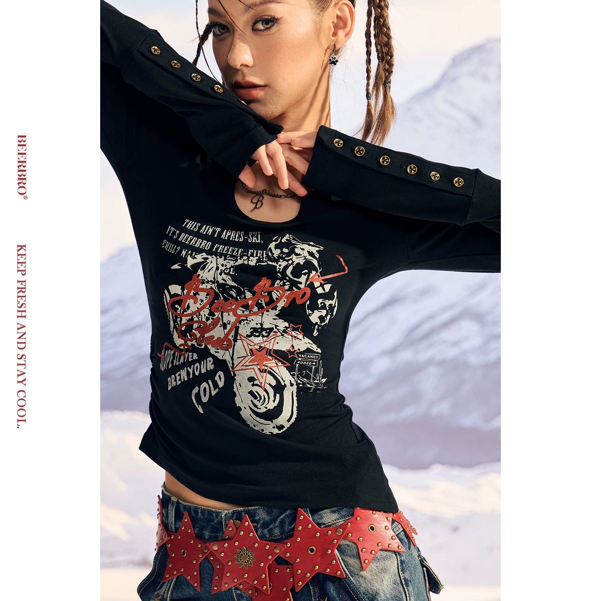 チェーン装飾アシンメトリー裾長袖Tシャツ
