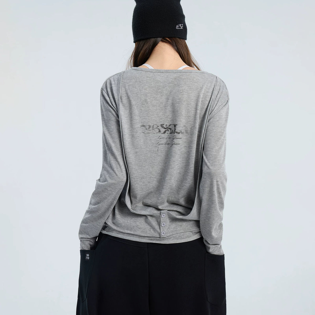 ローズぼかしプリントフェイクレイヤード長袖トップス
