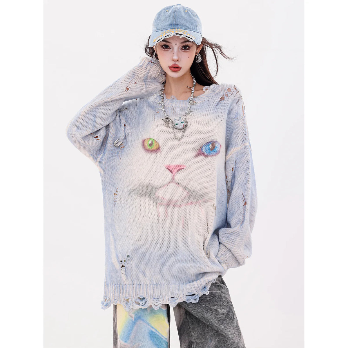 キャット柄ダメージ加工ニットセーター