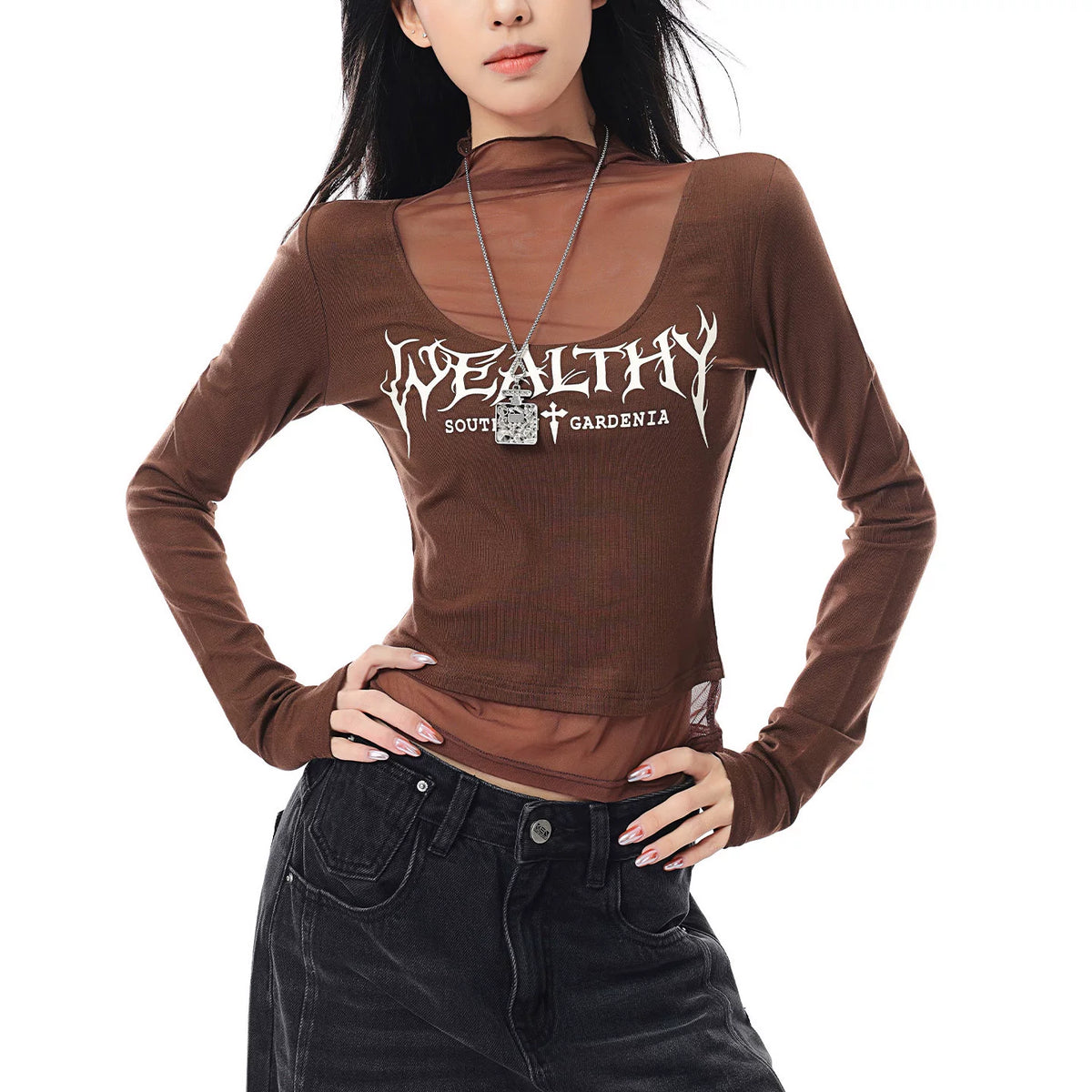 メッシュ切替プリント長袖Tシャツ