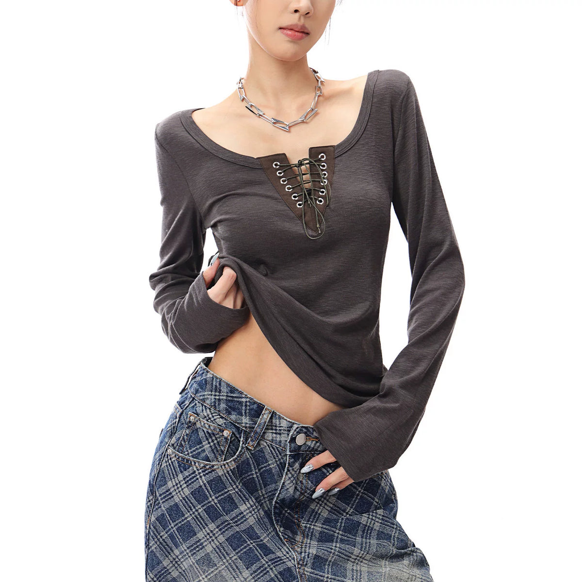 Vネックレースアップ長袖Tシャツ