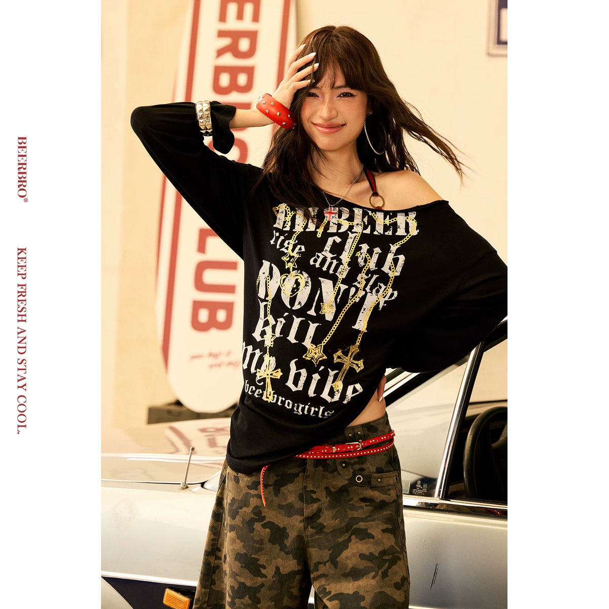 ワンショルダープリントレイヤード長袖Tシャツ