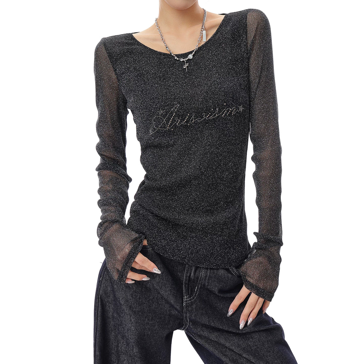 シアーメッシュクルーネック長袖Tシャツ