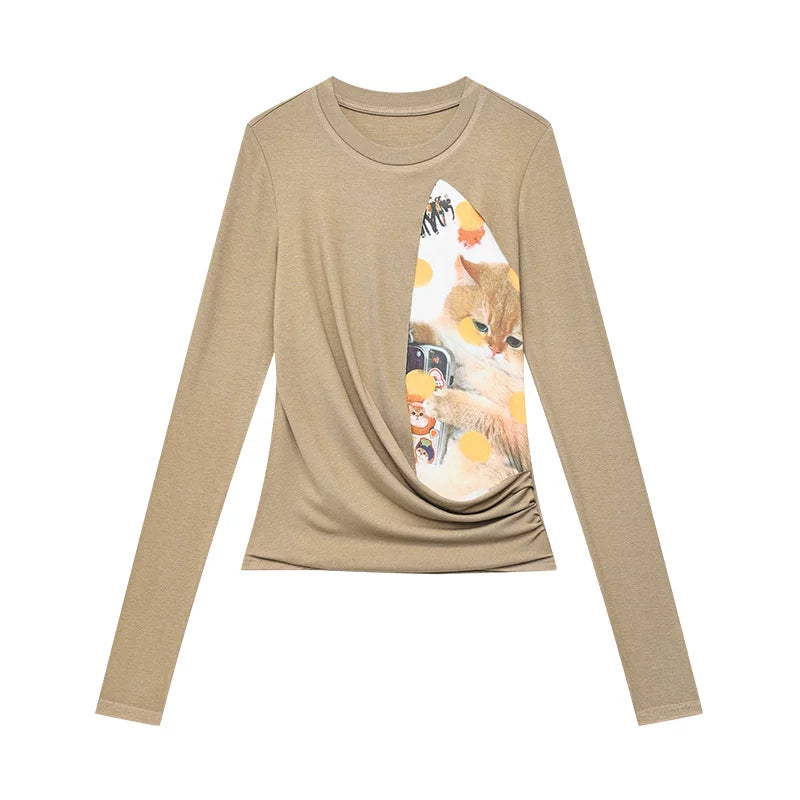 ペット柄プリントクルーネック長袖Tシャツ
