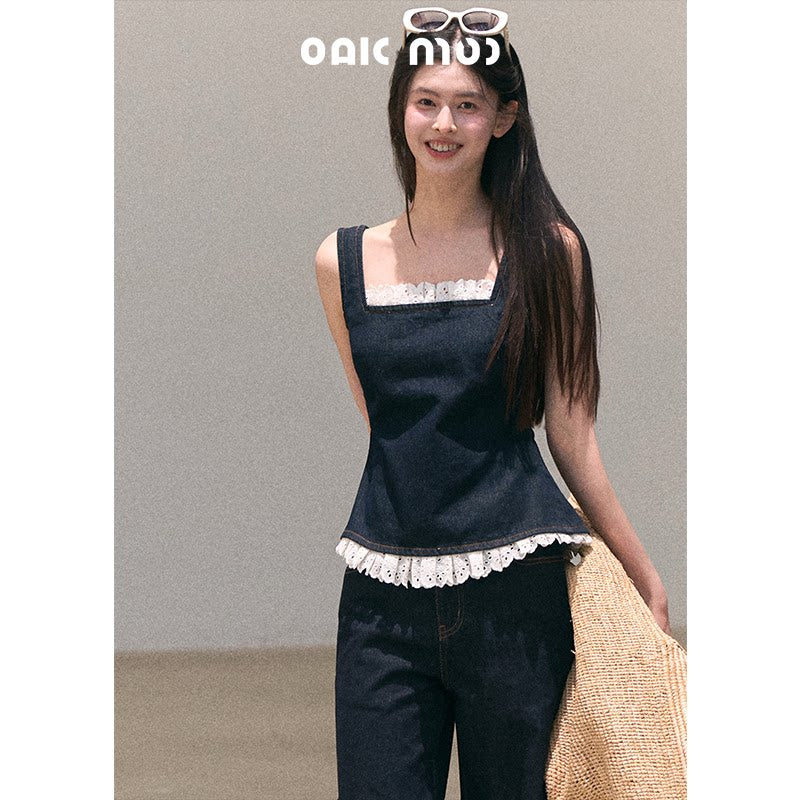 ボヘミアン レース デニム キャミトップ ワイドパンツ セットアップ