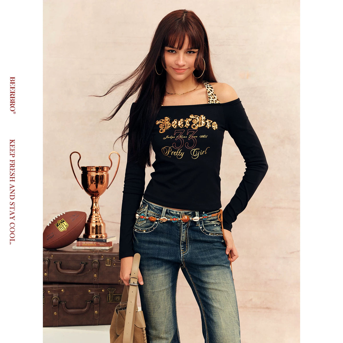 レオパード柄フェイクレイヤードホルターネックTシャツ