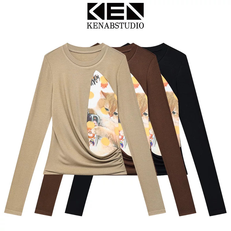 ペット柄プリントクルーネック長袖Tシャツ