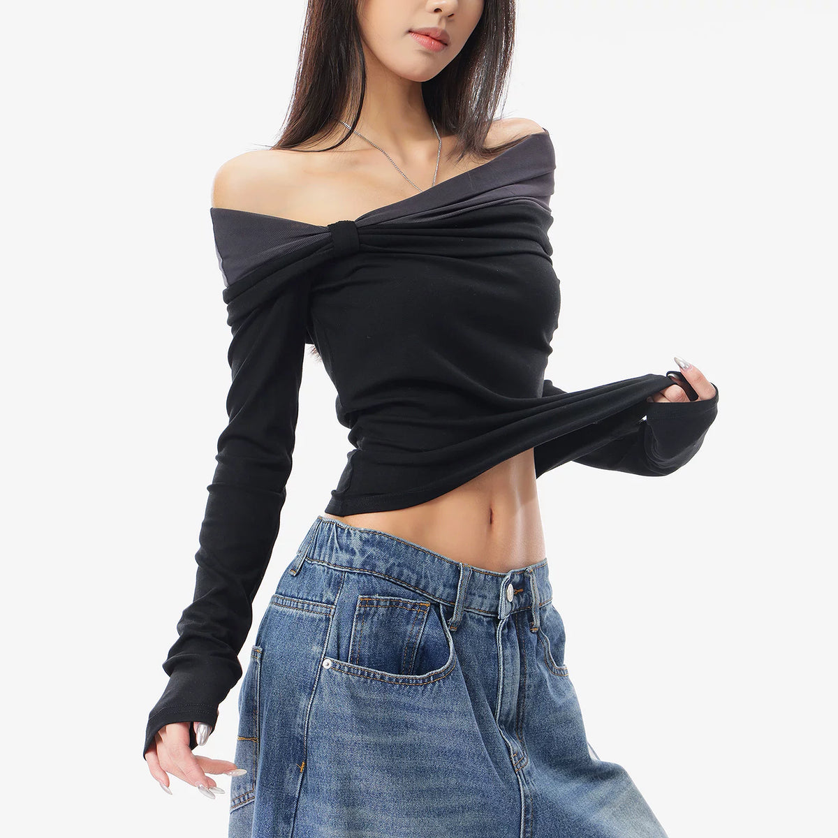 メッシュ切替レイヤード風長袖Tシャツ（ブラック）