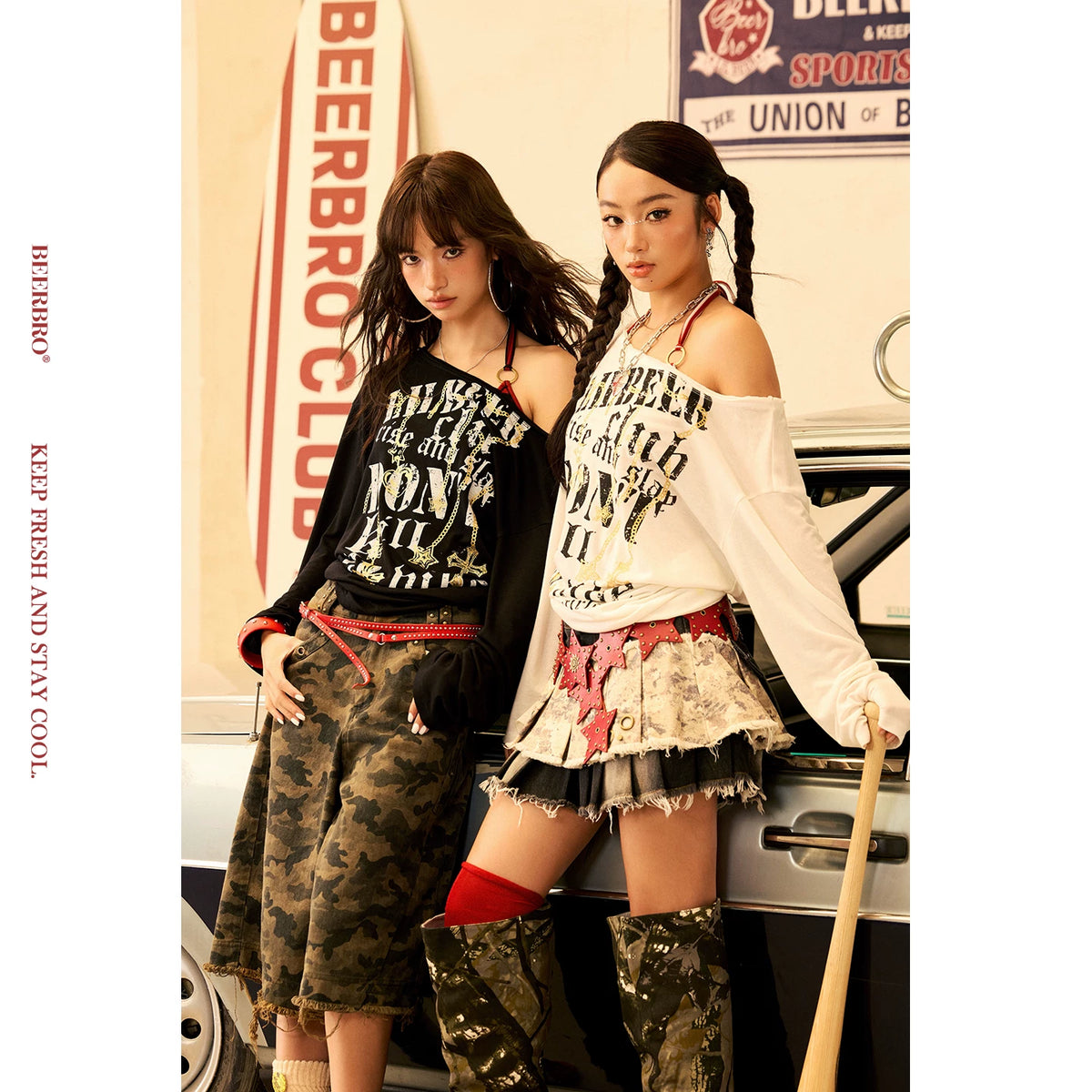 ワンショルダープリントレイヤード長袖Tシャツ