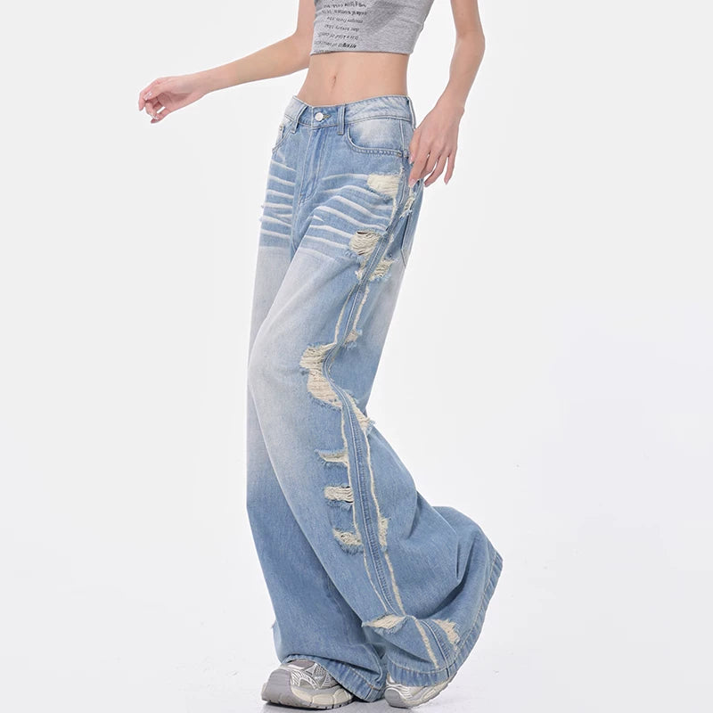 ダメージ加工ストレートワイドデニムパンツ