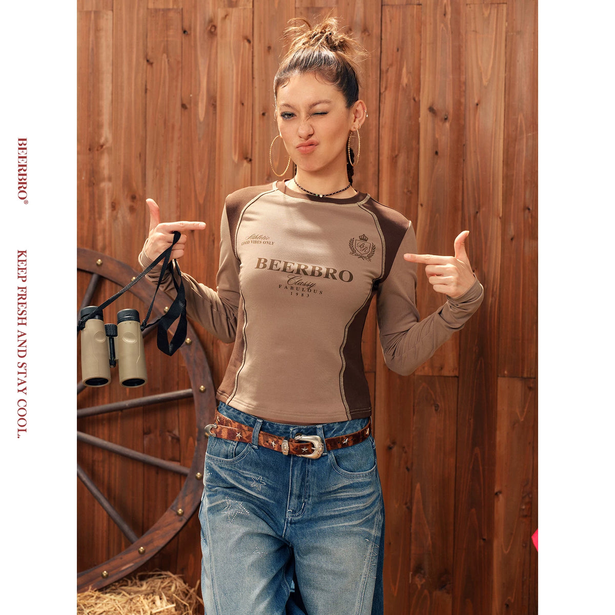 カレッジ風配色ショート丈長袖Tシャツ