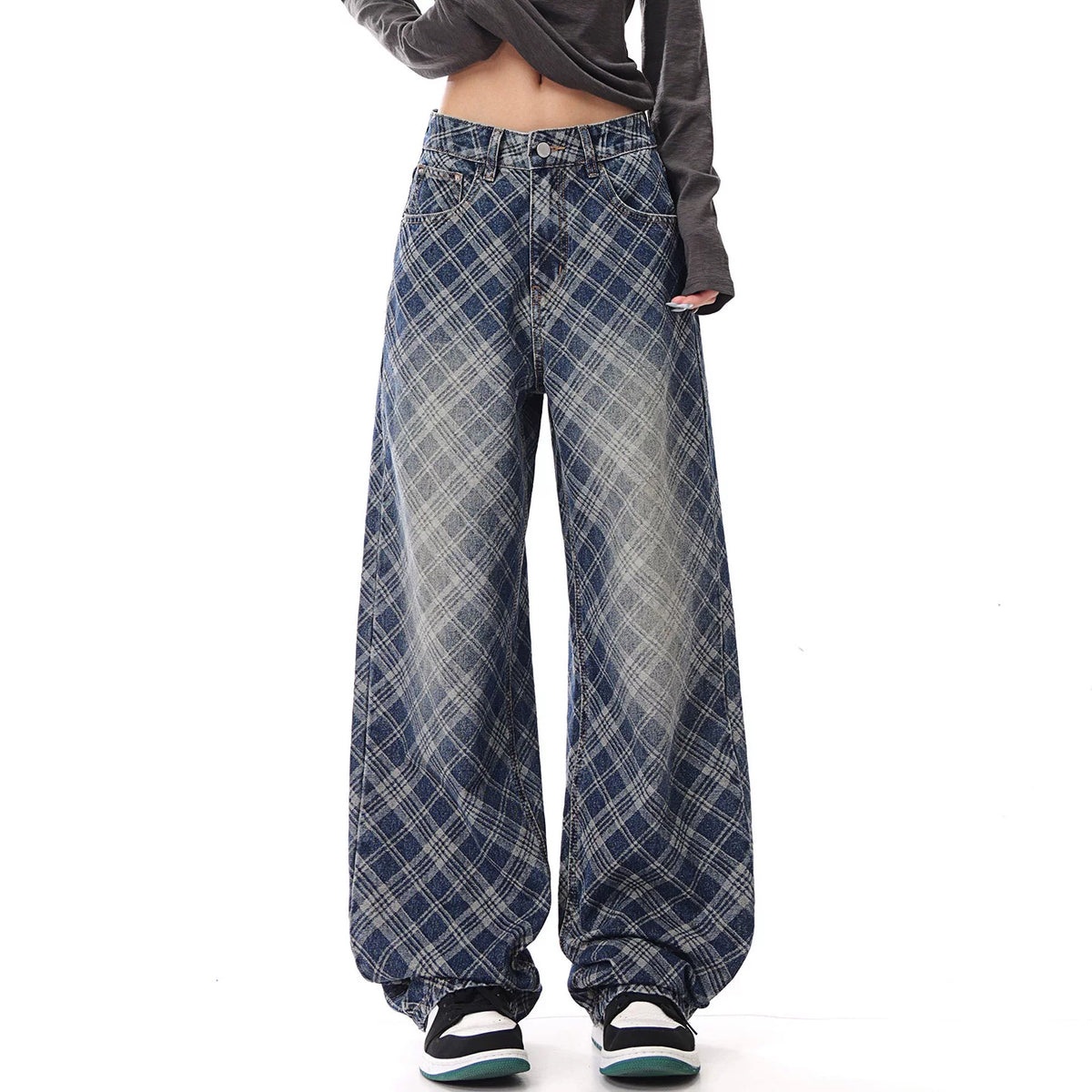チェック柄ウォッシュ加工ワイドデニムパンツ