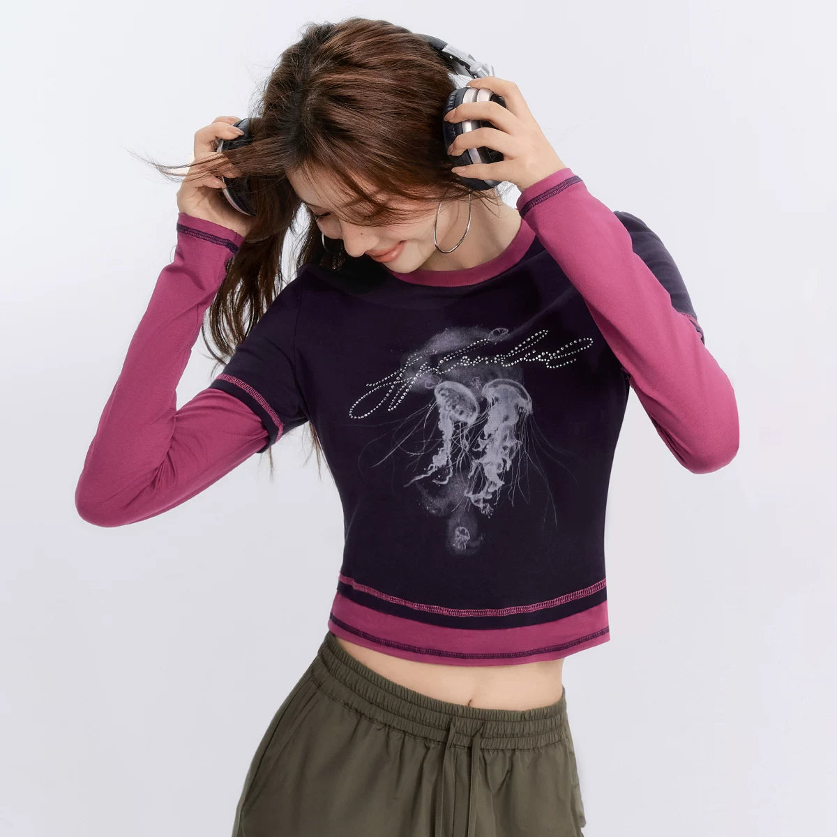 フェイクレイヤードプリント長袖Tシャツ