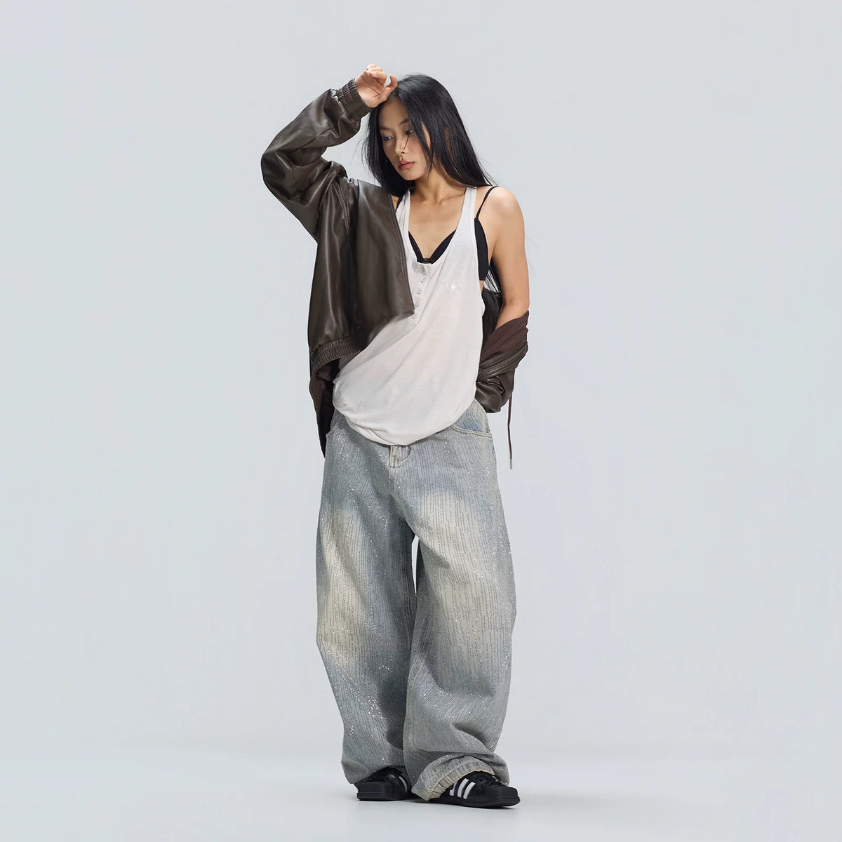 ラインストーンY2K風デニムパンツ