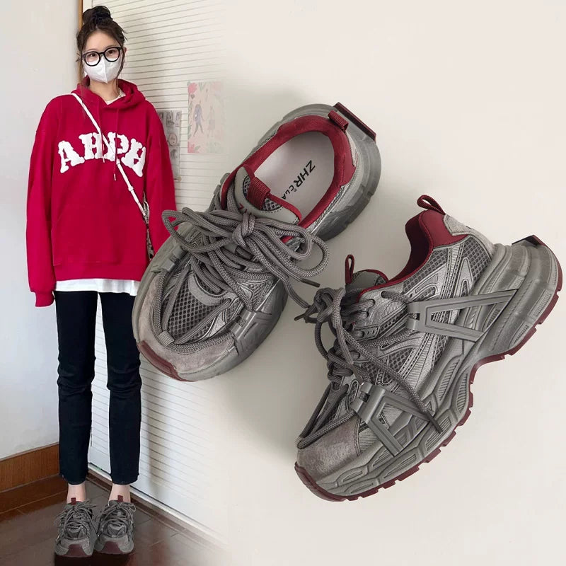 厚底 本革 ダッドスニーカー グレー×レッド