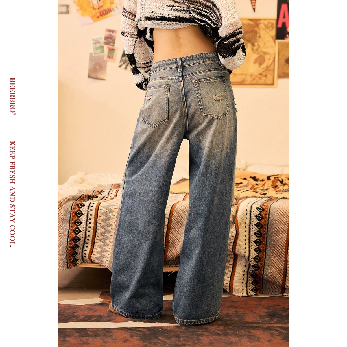 プリントヴィンテージ加工ストレートデニムパンツ