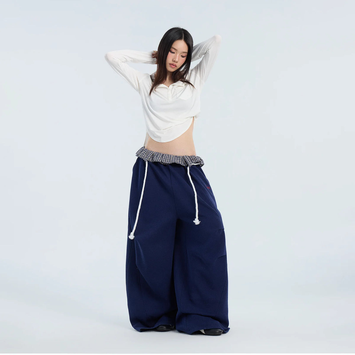 フリル折り返しウエスト チェック切り替えパンツ
