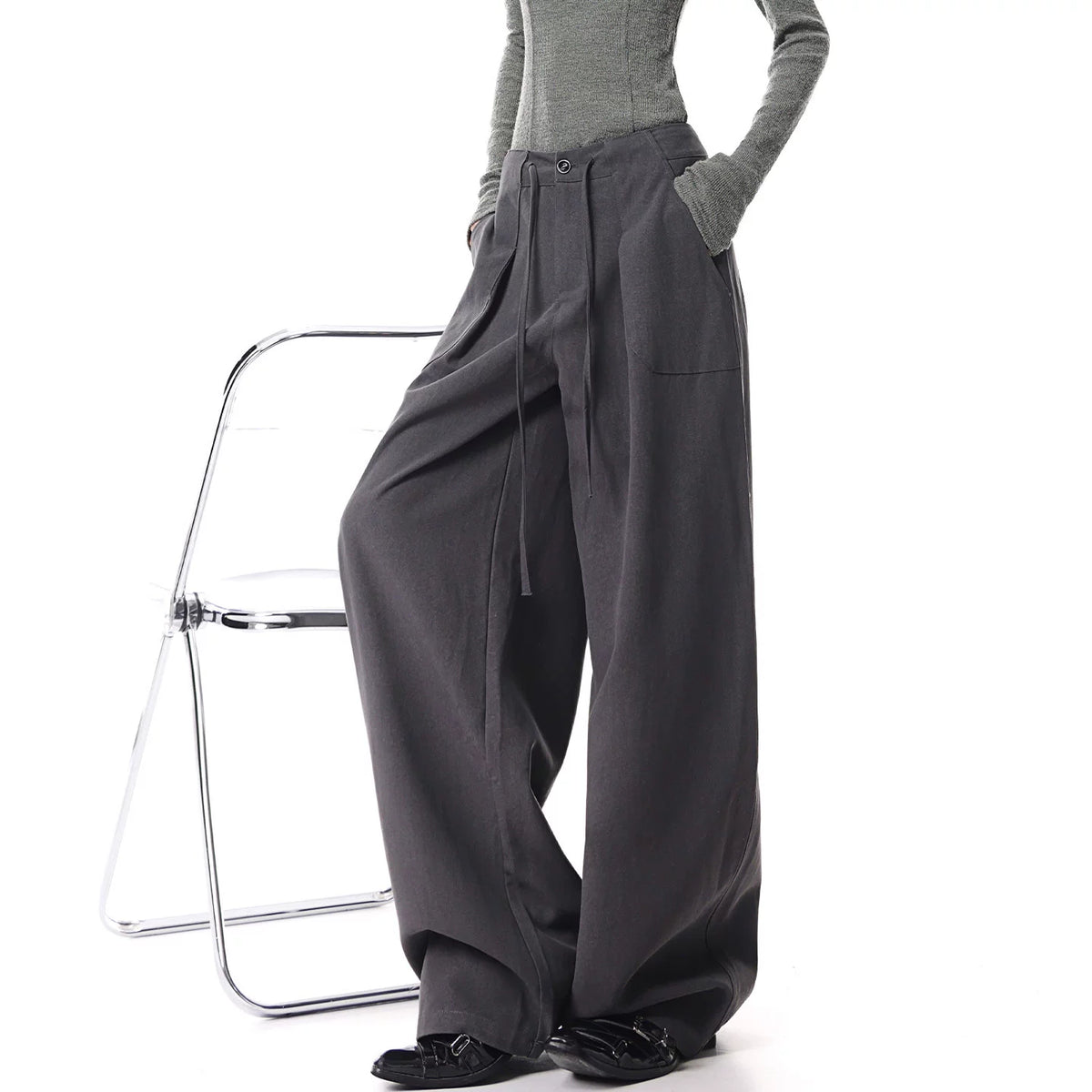 ドローストリング ストレート ワイドパンツ