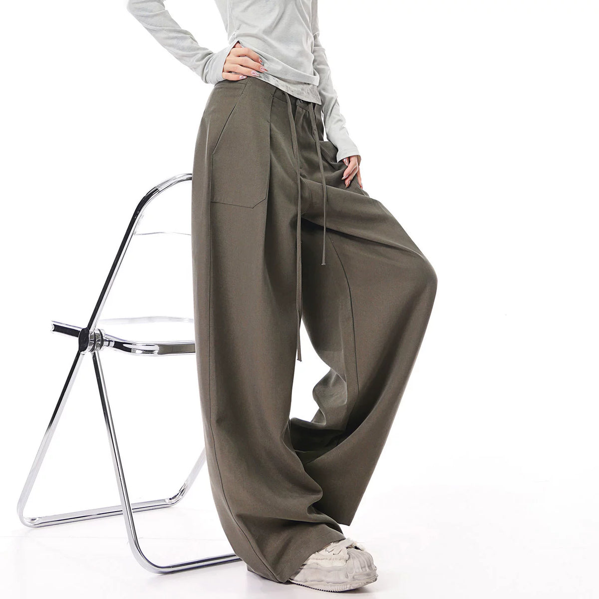 ドローストリング ストレート ワイドパンツ