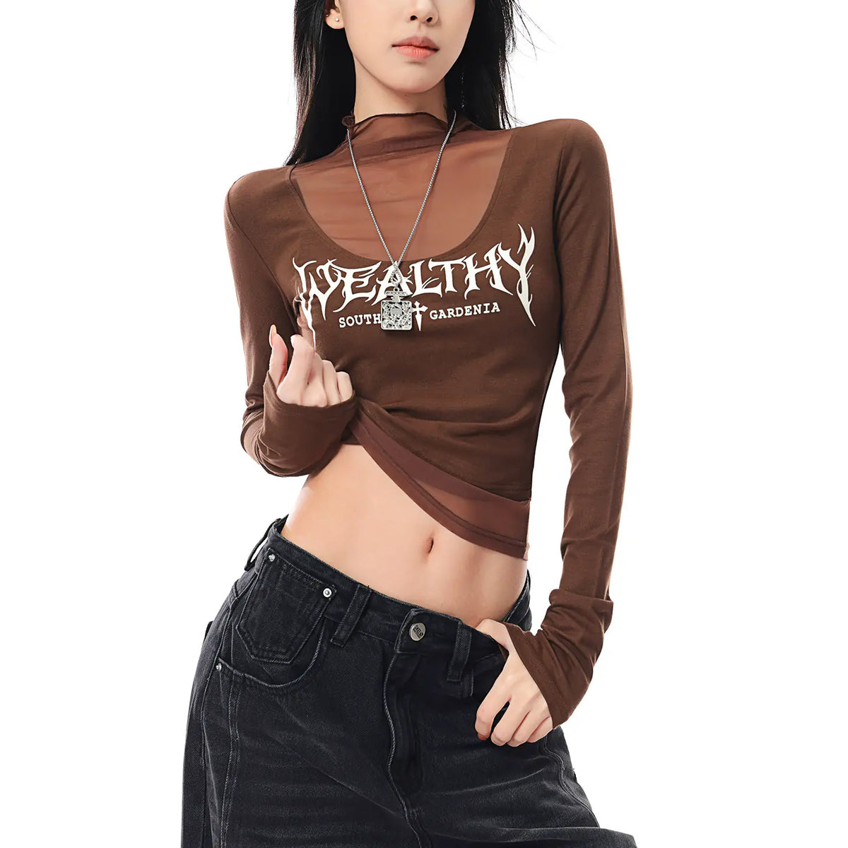 メッシュ切替プリント長袖Tシャツ