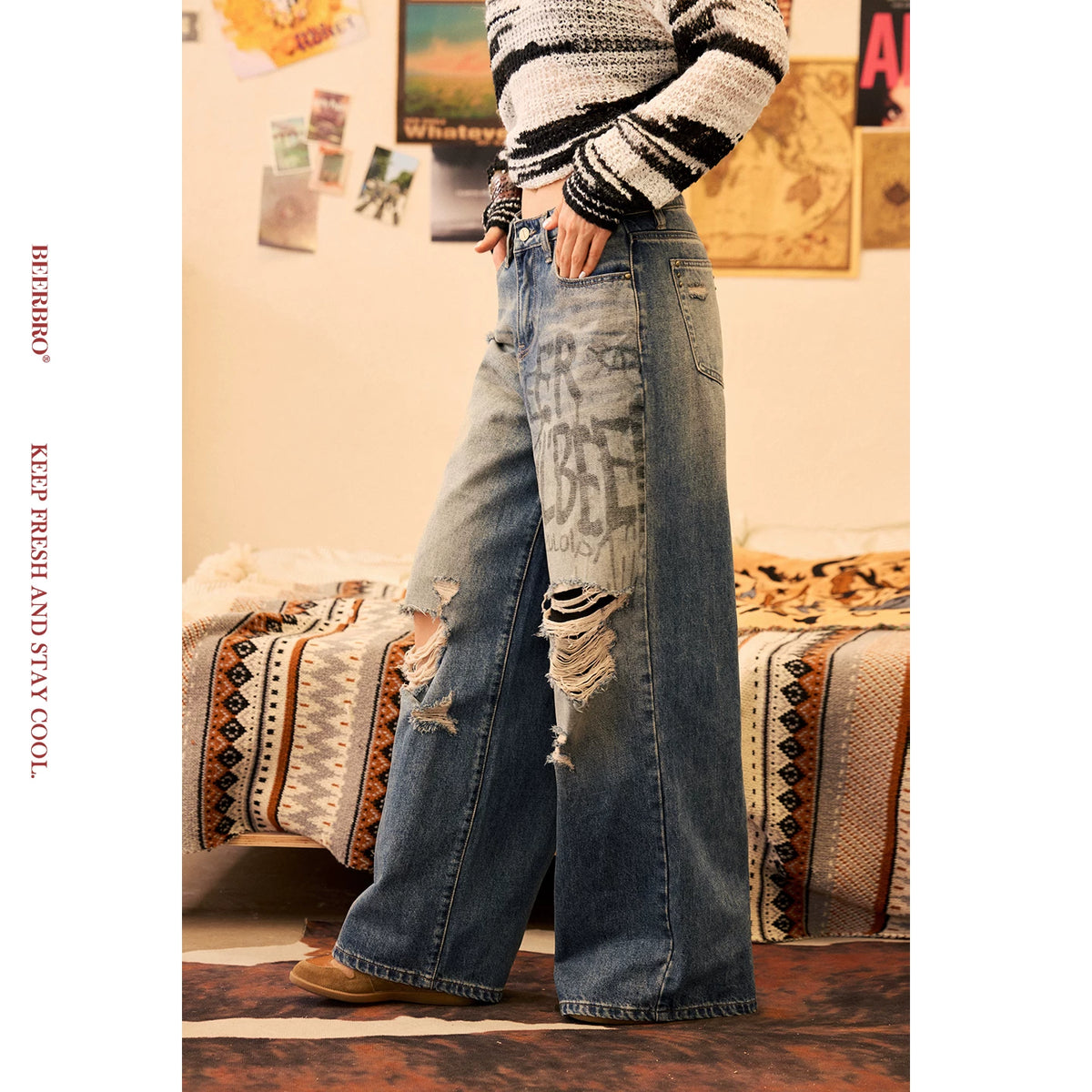 プリントヴィンテージ加工ストレートデニムパンツ
