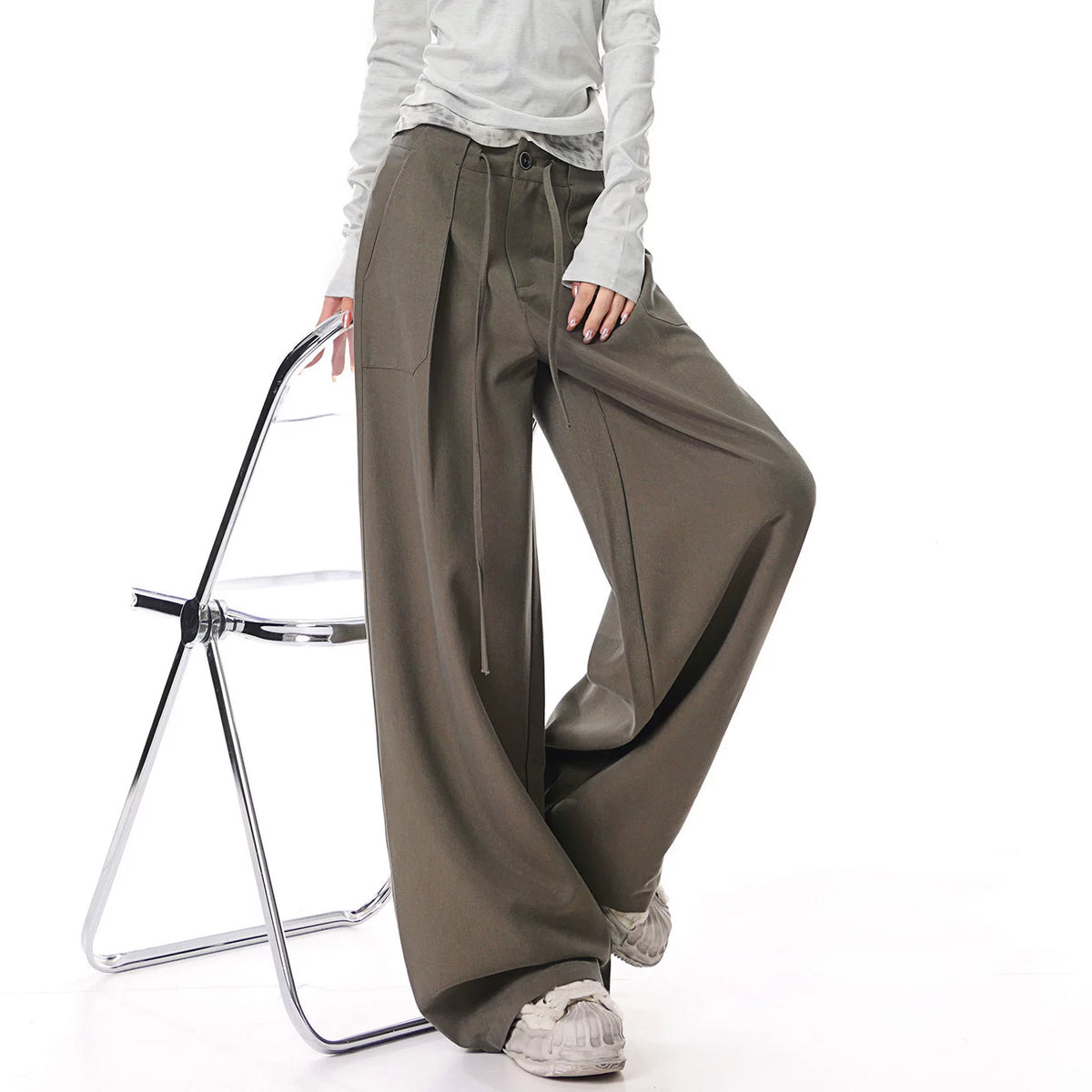 ドローストリング ストレート ワイドパンツ