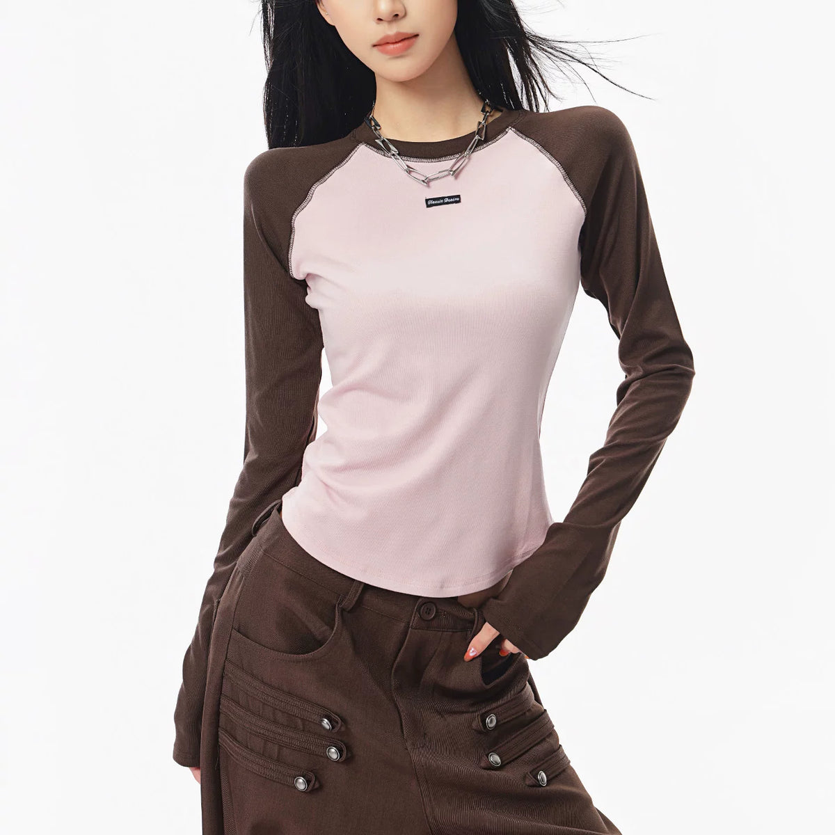 バイカラータイト長袖Tシャツ（ピンク）