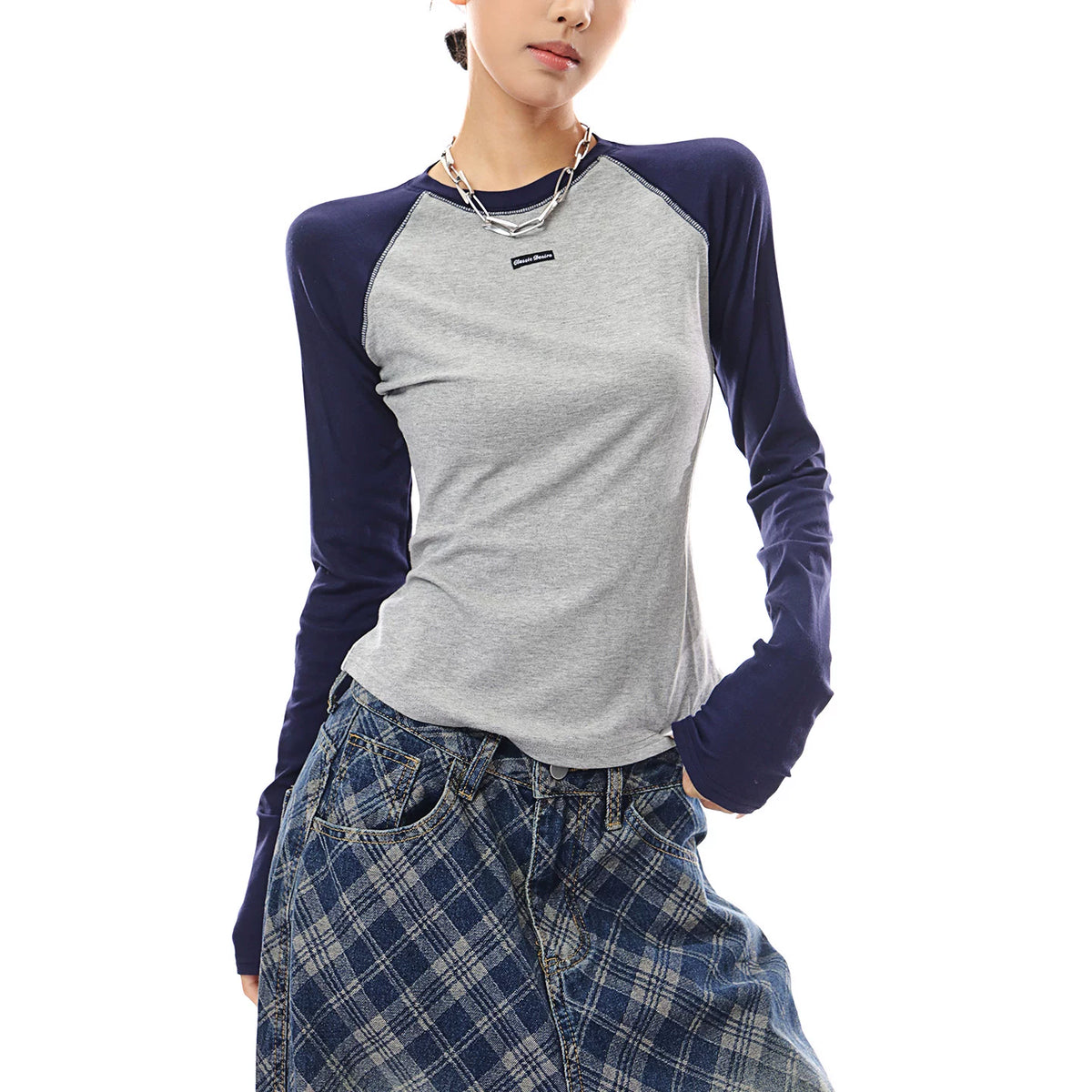 バイカラータイト長袖Tシャツ（グレー）