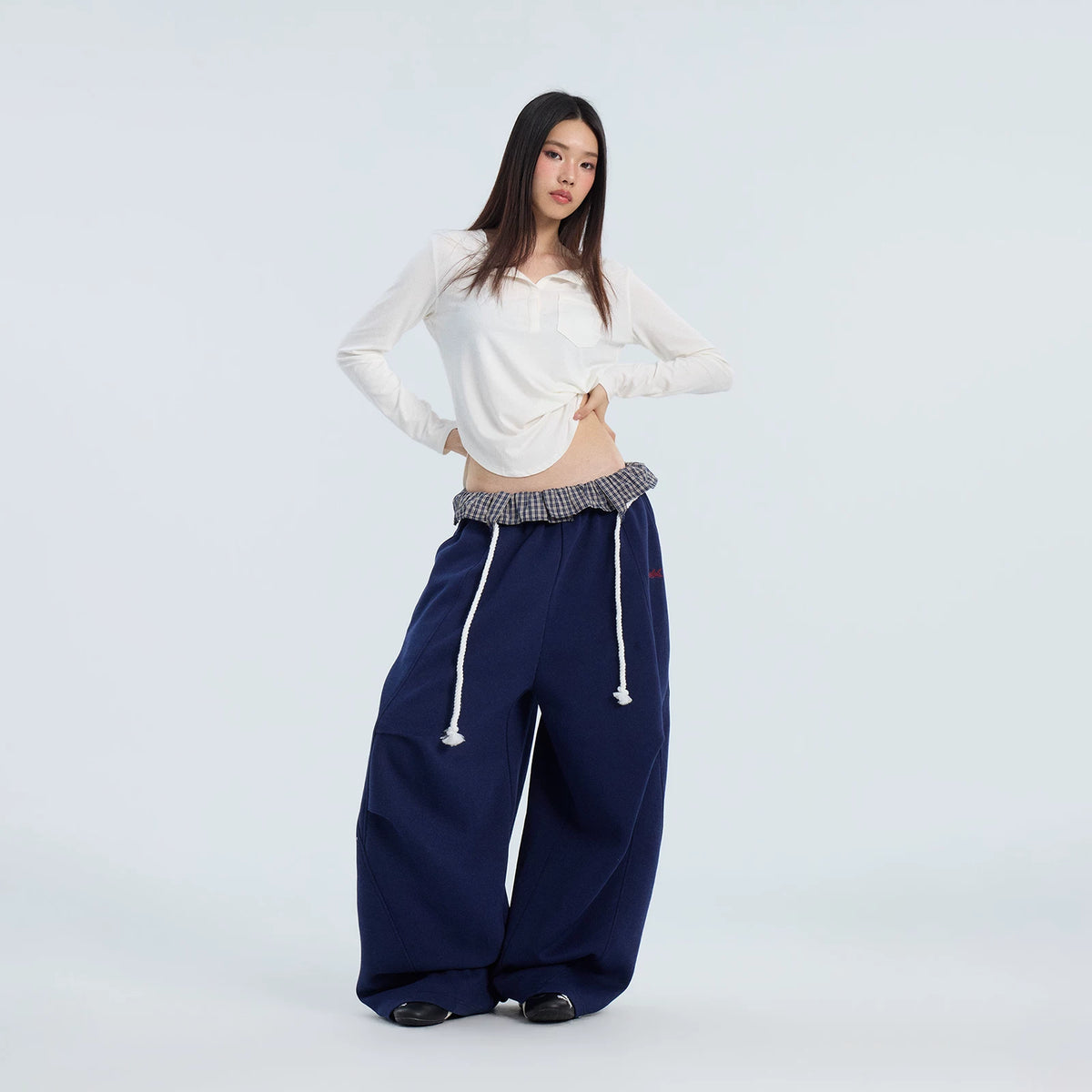 フリル折り返しウエスト チェック切り替えパンツ