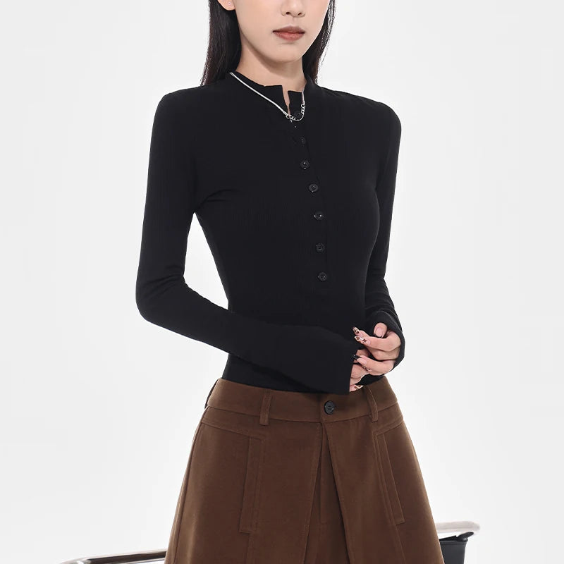 ハーフオープンネック長袖Tシャツ