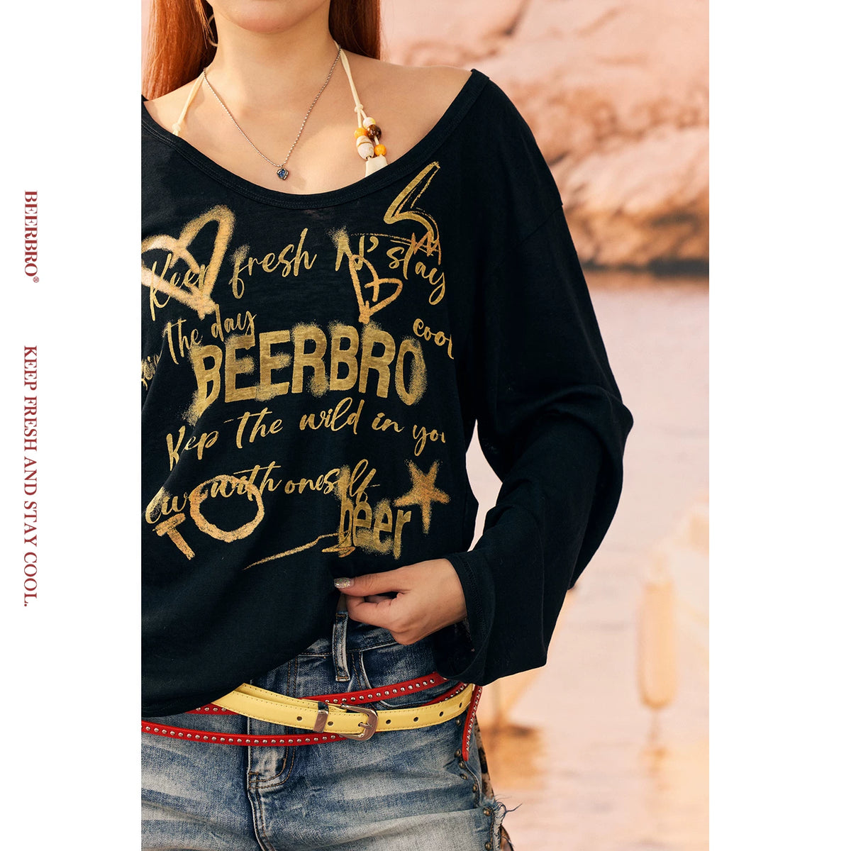 ラメプリントカップ付きレイヤード長袖Tシャツ
