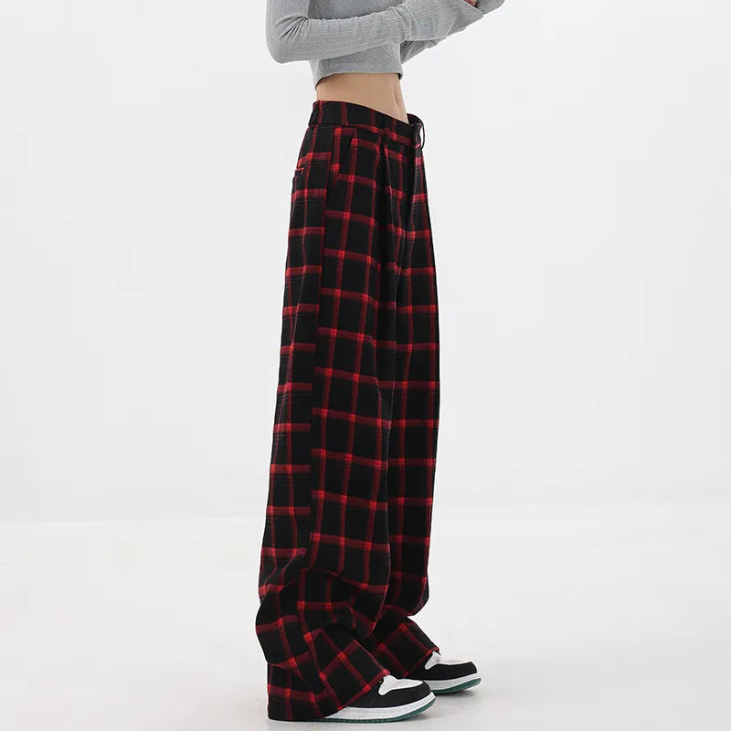 裏起毛レッドチェックストレートパンツ