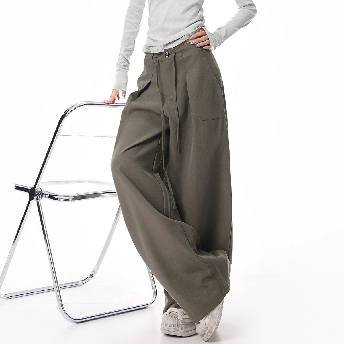 ドローストリング ストレート ワイドパンツ