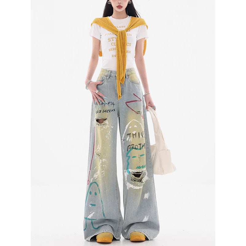 グラフィティダメージ加工ワイドデニムパンツ