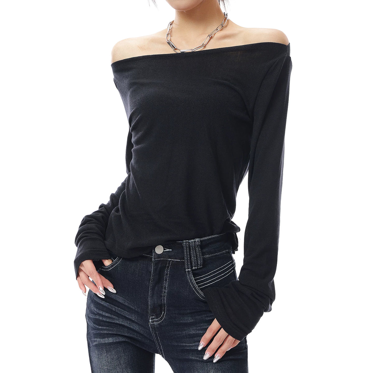 オフショルダー長袖Tシャツ（スリム）