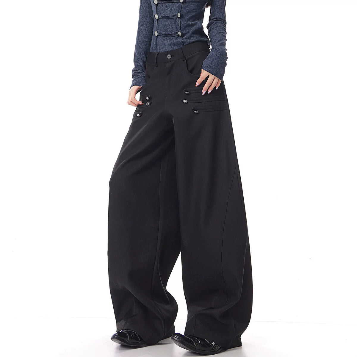 ナポレオン風ボタンワイドパンツ（ブラック）