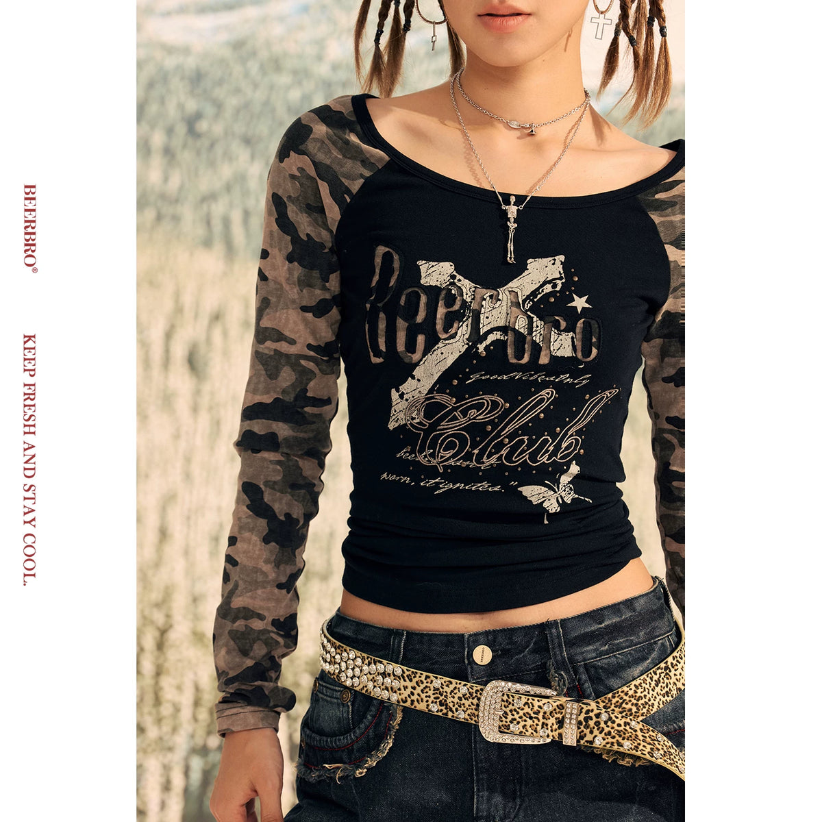 迷彩切替ラグランスリーブタイト長袖Tシャツ