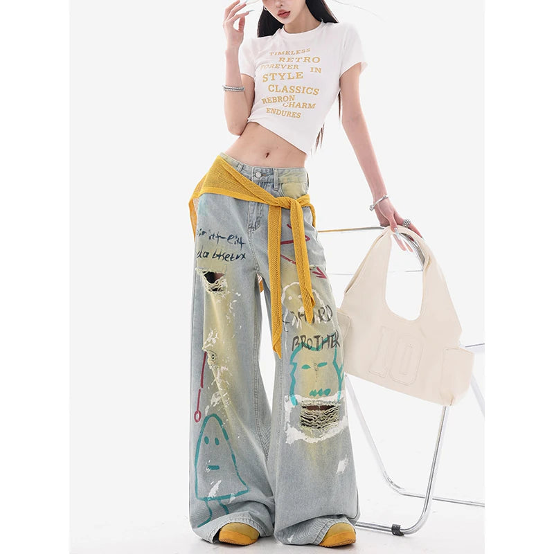 グラフィティダメージ加工ワイドデニムパンツ