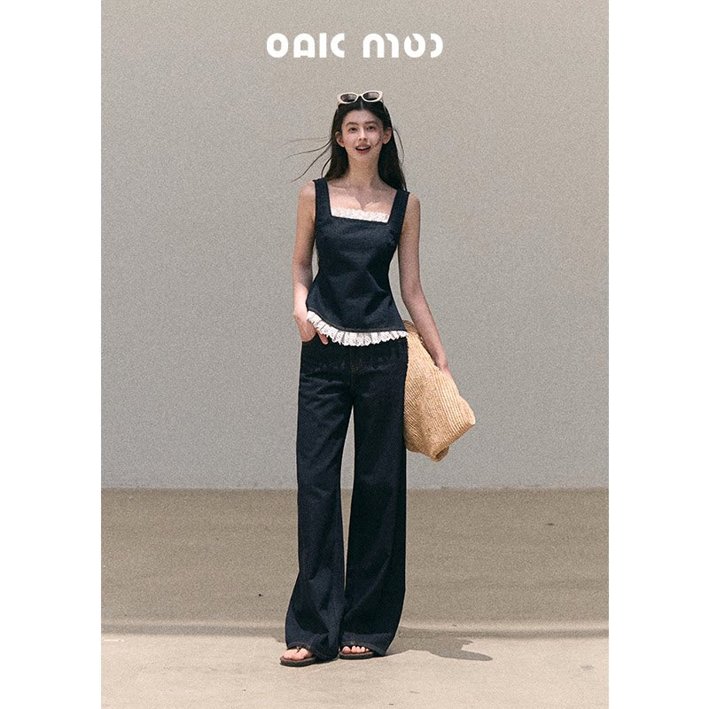 ボヘミアン レース デニム キャミトップ ワイドパンツ セットアップ
