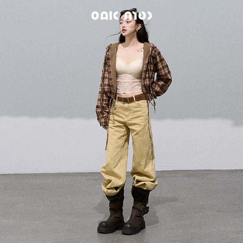 エンボス加工ストレートワイドデニムパンツ