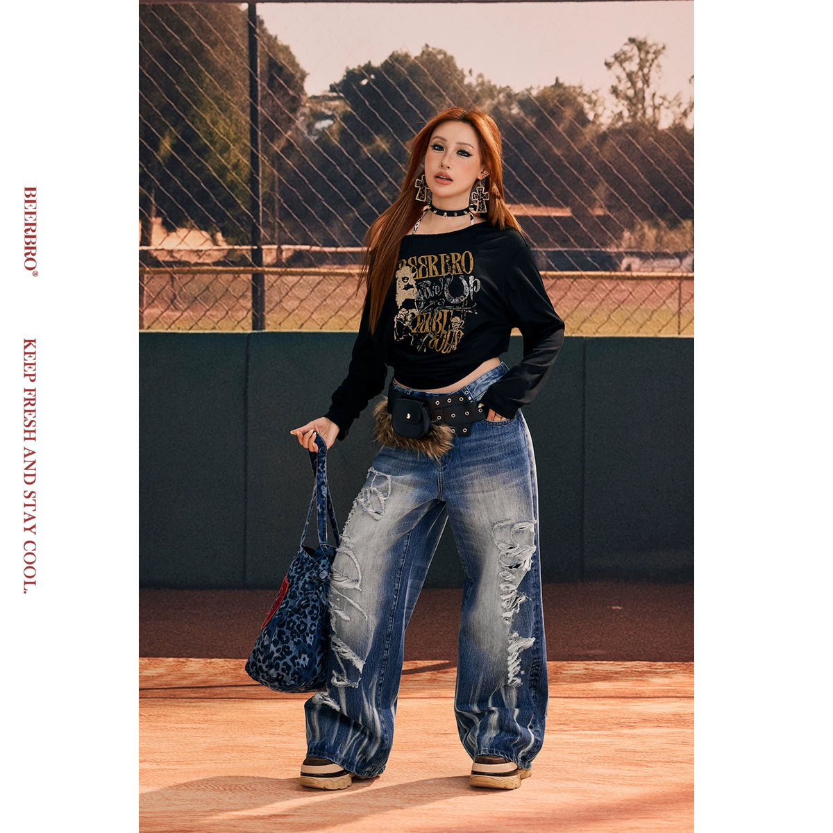リヨセルラメプリント長袖Tシャツ