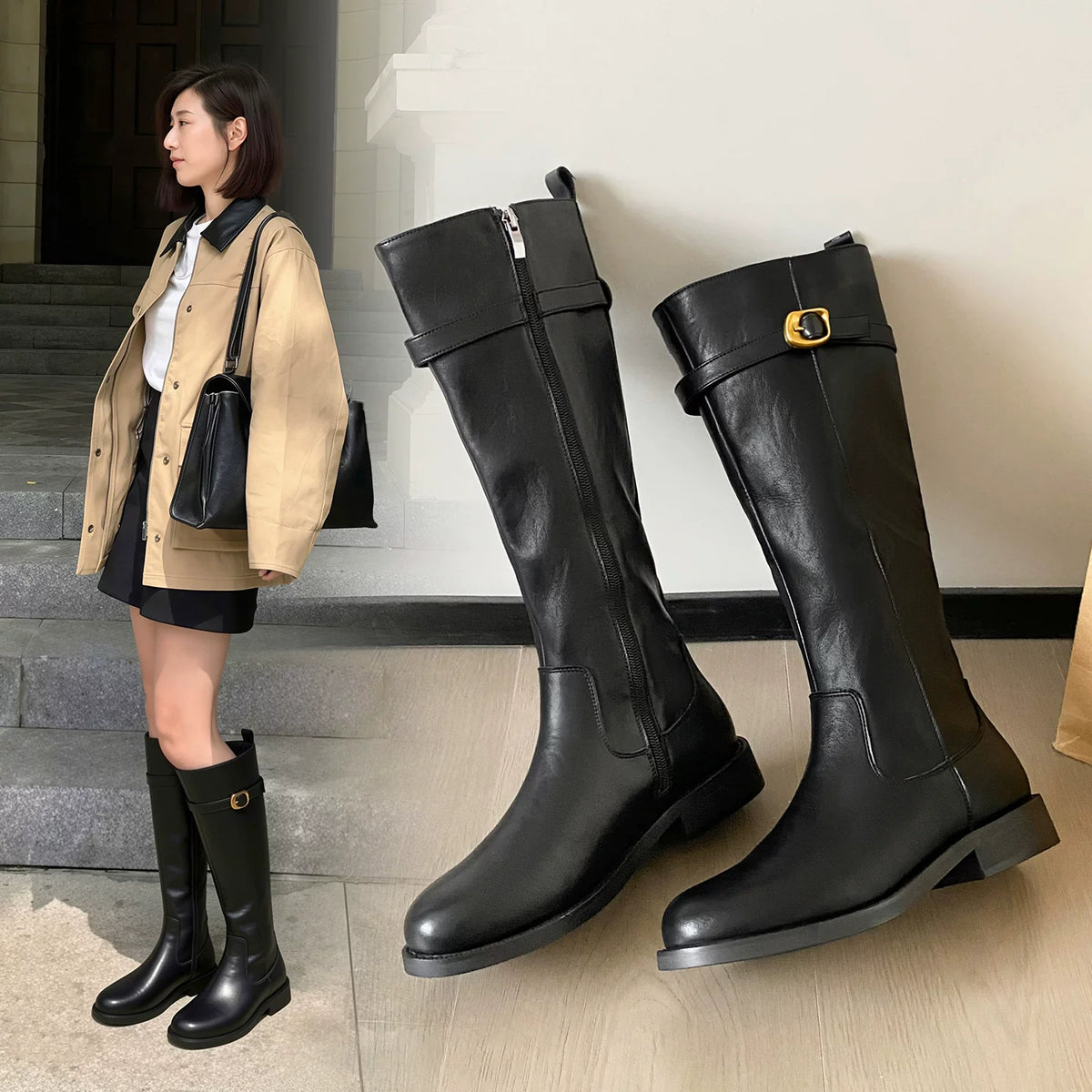 チャンキーヒールライディングロングブーツ