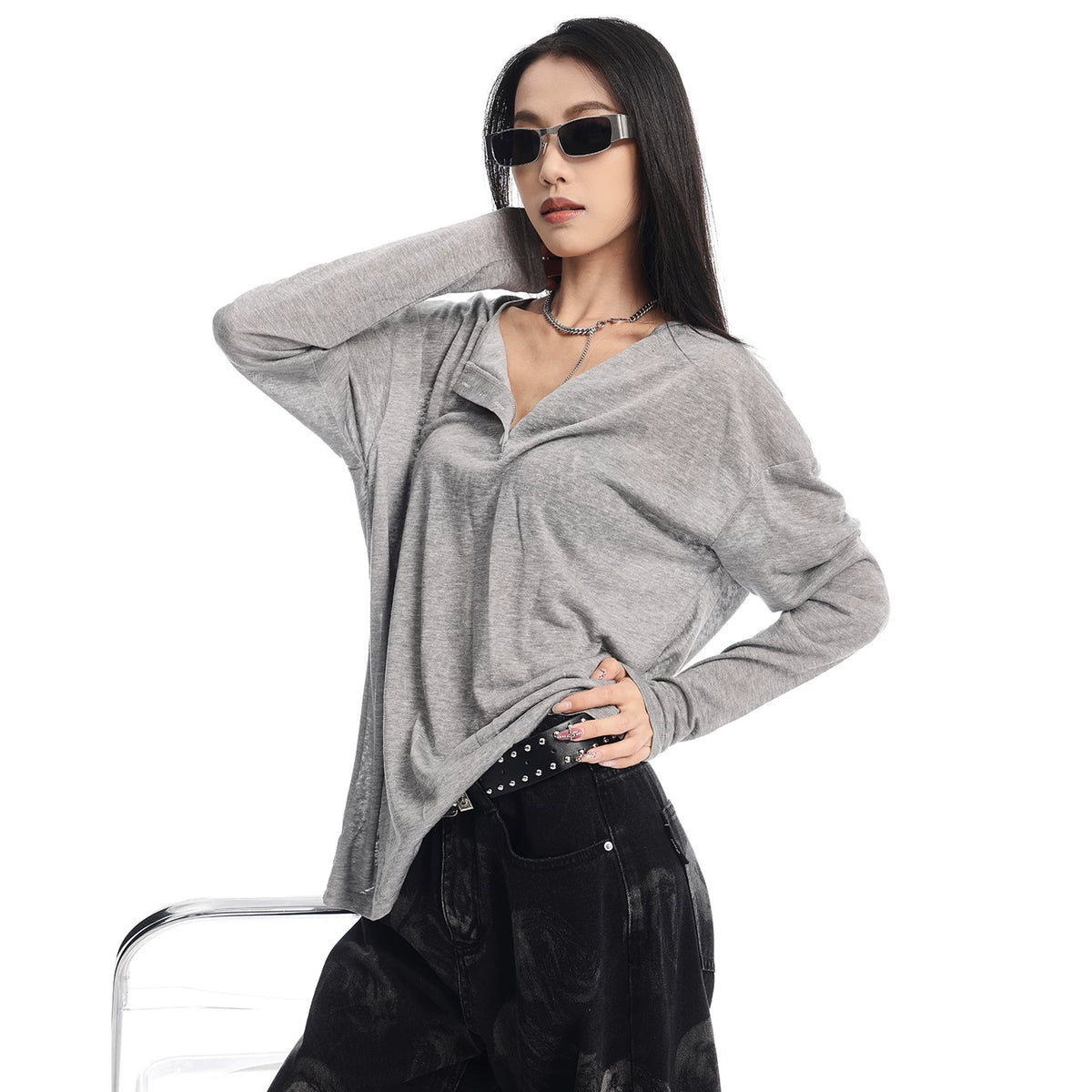 UV対策ボタンデザイン長袖Tシャツ